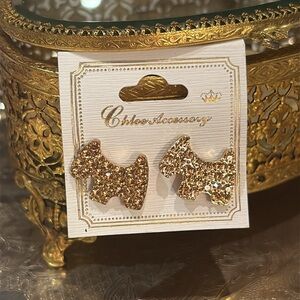 Champagne Gold Sparkling Crystal Scotty Dog-Shaped Stud Earrings